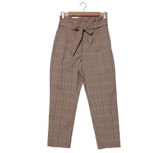 WORTHINGTON sz 8 Petite Pants Plaid High Rise Paper Bag Bow Belt Brown Pink